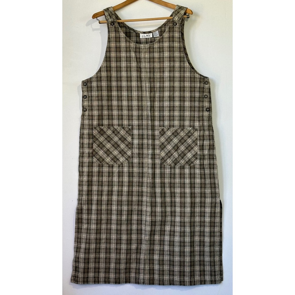 J.L.N.Y. Plaid Linen Blend Pinafore Jumper Dress Retro Womens 1X Brown Excellent